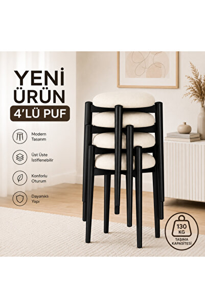 EDMONDA EV AKSESUAR ZÜMRA 4LÜ PUF TABURE BENCH MAKYAJ SANDALYESİ SİYAH AYAK