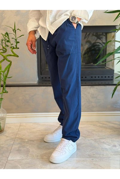 ECARTS Men's Baggy Fit Linen Trousers Navy Blue Eca087