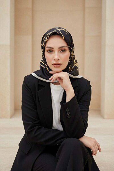 Vissona %100 Twill İpek İnci Desenli Siyah Renkli 90x90 Eşarp Kenar Dikiş Şek...