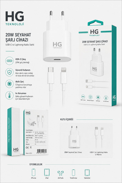 HG TEKNOLOJİ-iPhone Tüm Serilerle Uyumlu 20W PD Type-C Hızlı Şarj Aleti ve Li...