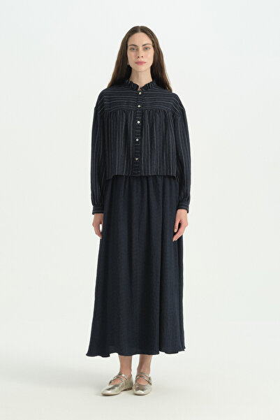 Nihan Viscose Suit with Striped Shirt and Skirt - Navy Blue
