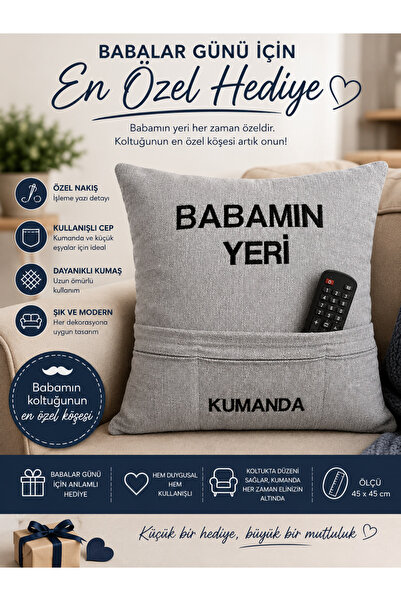 ABT Babalar Günü Hediyesi Babamın Yeri Kumanda Cepli Nakışlı Dekoratif Yastık...