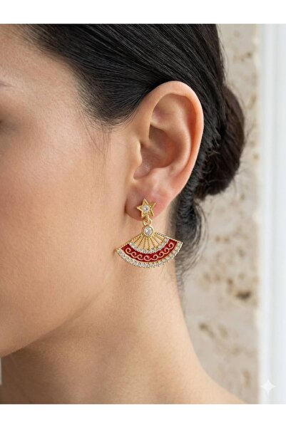 LuneraDesign Fan Model Red Stone Star Detailed Steel Earrings Gold Color Zirc...