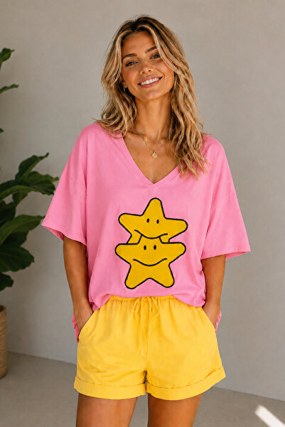 ArtYus Double Star Printed V-Neck Casual Unisex Oversize T-Shirt – Cotton Cas...