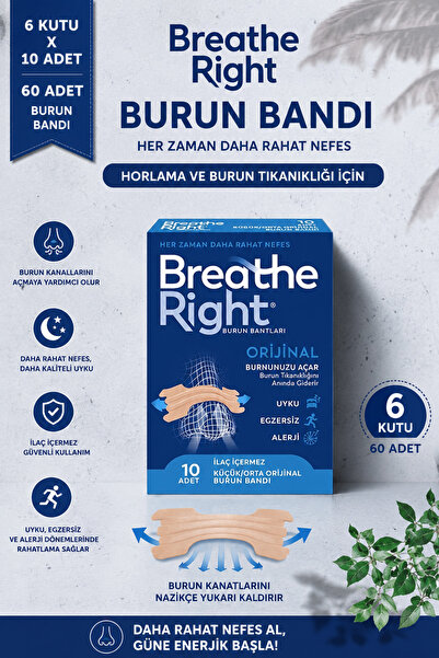 Breathe Right Burun Bandı Orijinal Klasik Küçük/Orta Boy 10'lu x 6 Kutu | Hor...