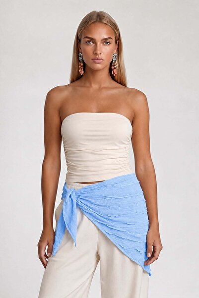Trend Alaçatı Stili Blue Tie-Dye Detailed Ruffle Fabric Waist Accessory Pareo...