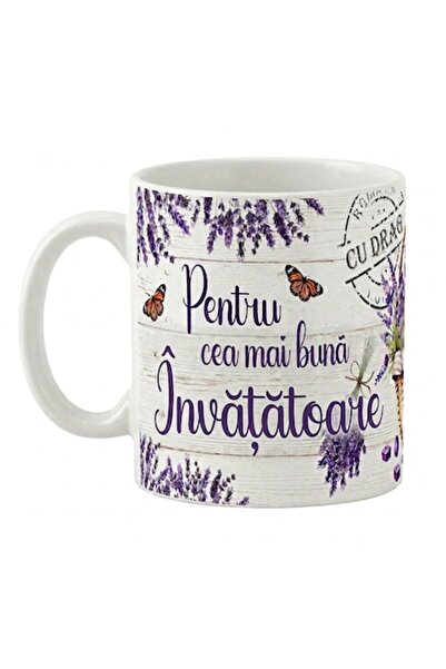 LimArt Cană ceramică personalizată, model cu lavandă și fluturi, 350 ml, "Pen...