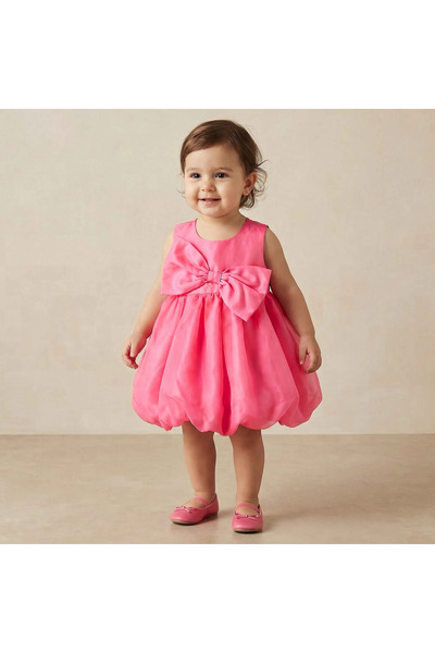 Juniors Round Neck Sleeveless Dress with Bow Accent