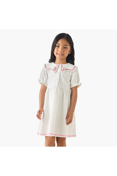 Juniors Sailor Collar Short Sleeves Dress with Bear Applique