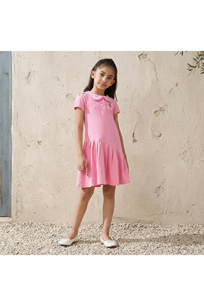 Juniors Peter Pan Collar Short Sleeves Dress with Butterfly Embroidery