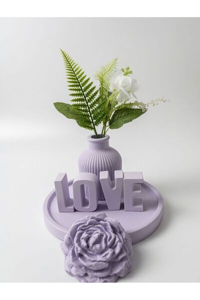 Ümmü decor mor love yazılı dekoratif vazo set ve şakayık çiçeği objesi