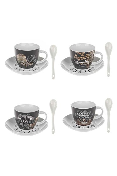 OEM Set 4 Cești Cafea din Porțelan 180 ml cu Farfurii și Lingurițe, Model Coffee