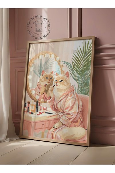 DES VU PRINT Makyaj Yapan Kedi Posteri, Kedi Temalı Çerçevesiz Poster