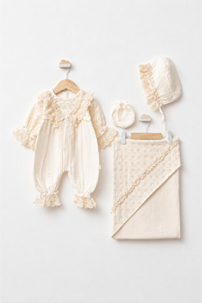 Pugi Baby Muslin Lace Detailed Baby Girl Jumpsuit Hat Blanket Set