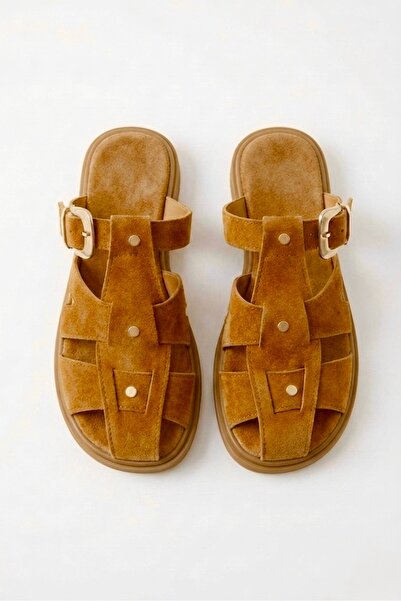 simplicity Tan Women's Suede Caged Slippers - Buckle Gladiator Slippers