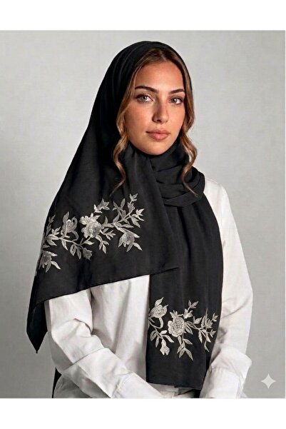 Veil Designer Black Two-Layered Fabric with Embroidery on Both Sides, Rose Br...