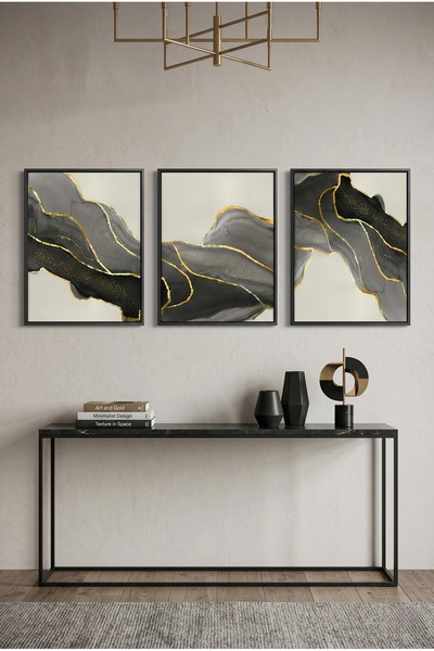 Jasmine Art Golden Veins Set of 3 Islamic Wall Art | Framed Canvas Print | Ar...