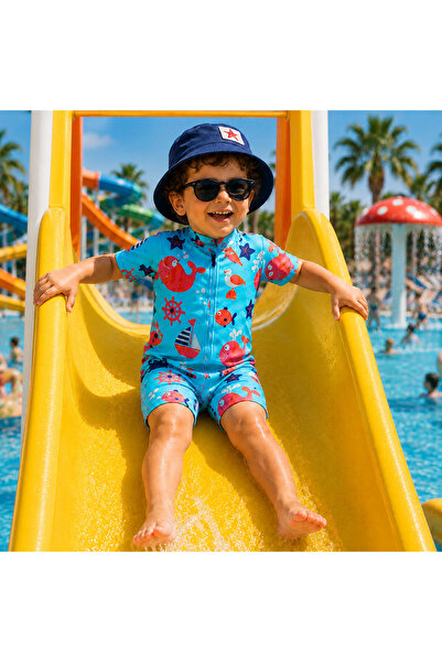 PİAURA Children's One-Piece Swimsuit Half Zipper Sea and Pool Boys' One-Piece...