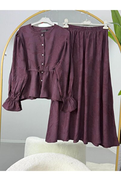 VOLT CLOTHİNG Kolları Büzgülü Belden Bağlamalı Tesettür Etekli Takım