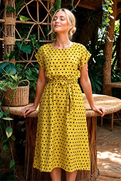 armonika Women's Pistachio Green Polka Dot Tie Dress with Elastic Waist Arm-2...