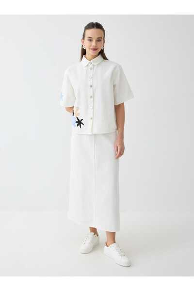 Benin Embroidered Denim Set - White -