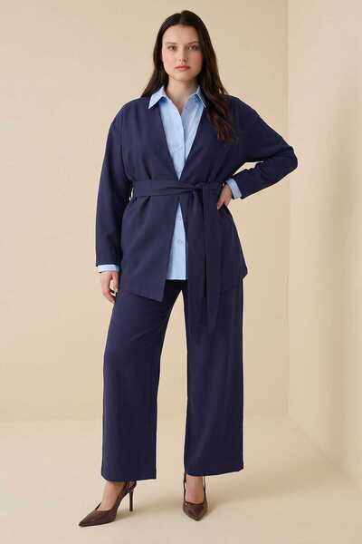 ALİA Kimono&Pants Linen Plus Size Set with Belt Detail - Navy Blue -