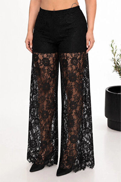 Lady Majestic Pantaloni Palazzo cu picior larg, din țesătură din dantelă, la modă, cu șorturi