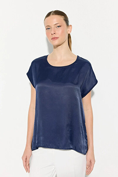 Gusto Tricou din satin cu guler rotund - Albastru închis