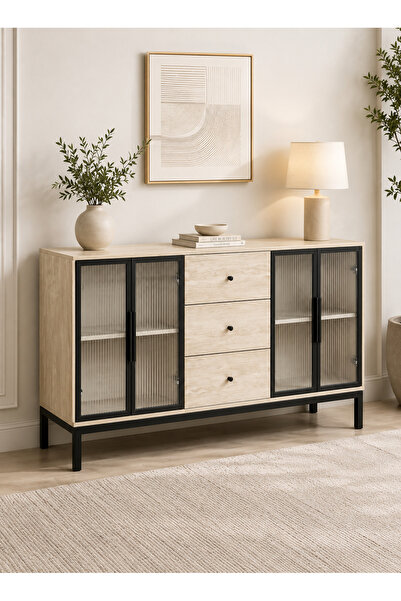 N.zone Luxury Large Multi-Use Buffet Cabinet with Fluted Glass Doors and Spac...