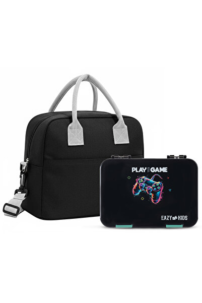 Eazy Kids 4 Compartment Bento Lunch Box w/ Insulated Lunch Bag – Gamer Black