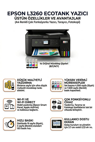 EPSON L3260 Tanklı Mürekkepli Yazıcı Wifili Sıfır Kutulu