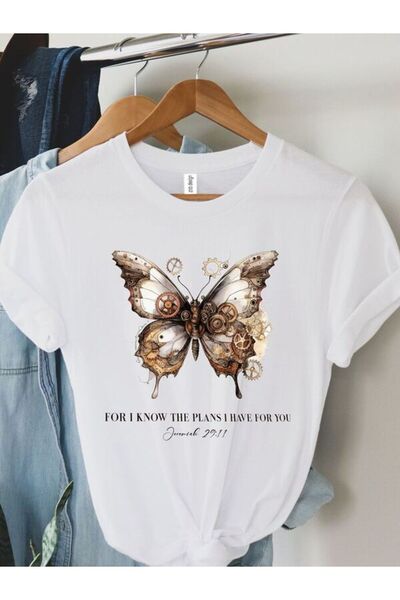 vorena Mechanical Butterfly Printed White T-Shirt