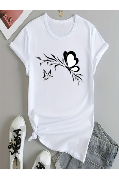 vorena Black Butterfly Printed White Oversize T-Shirt
