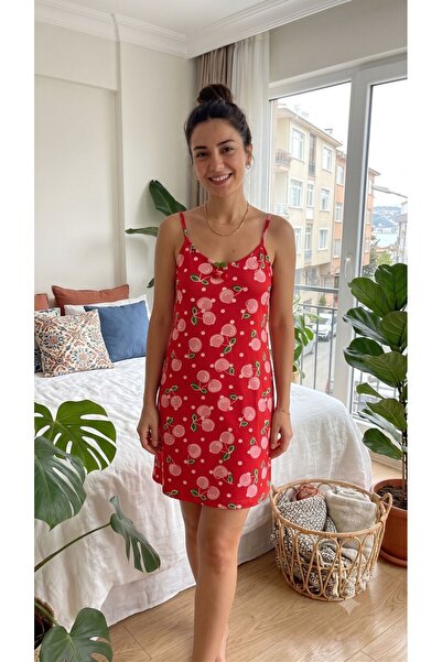 CALİMERA Women's Patterned Milan Fabric Combed Cotton Strap Nightgown