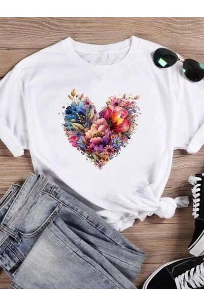 COZYWEAR Floral Patterned Heart Printed White T-Shirt