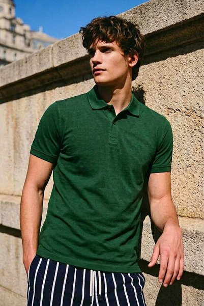 comstar Tricou de vară pentru bărbați, din bumbac, verde, cu guler polo