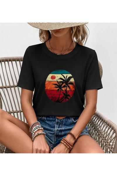 Generic Brand Women's Short Sleeve Palm Printed Viscose Blouse