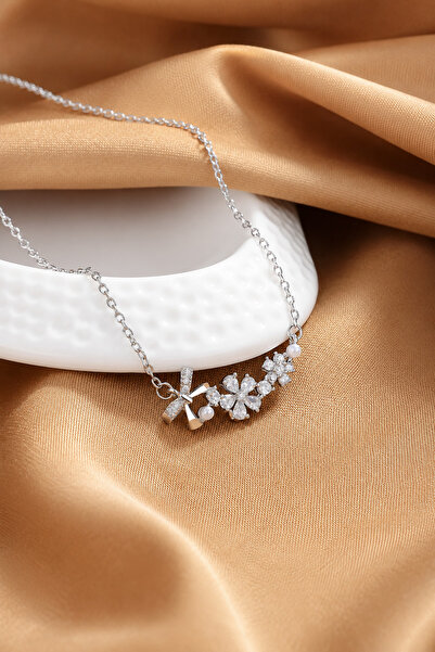 The Collection Bow and Flower Figured Zircon Pearl Stone Detailed Tarnish Res...