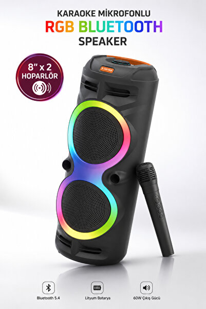 Kensa Taşınabilir Mikrofonlu 60W LED Işıklı Bluetooth Karaoke Hoparlör Set