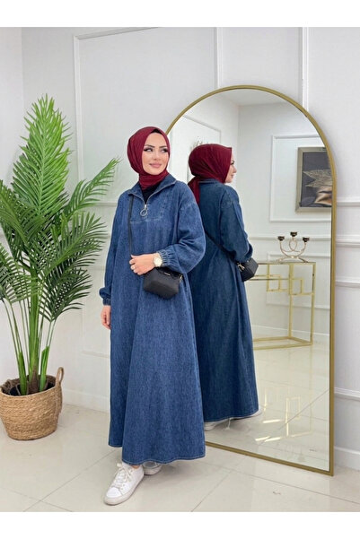 Genel Markalar Sada Kadın Kot Denim Fermuarlı Boydan Tesettür Elbise Büyük Beden