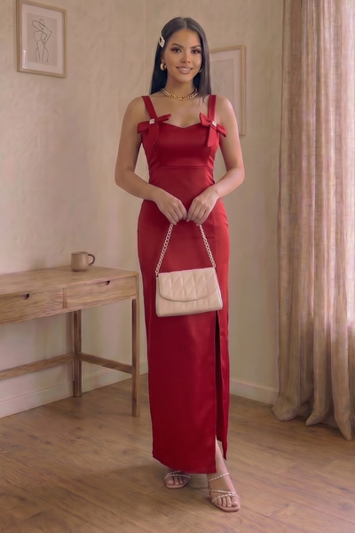 ALFUDO Moda Collection Slit Draped Satin Long Evening Dress