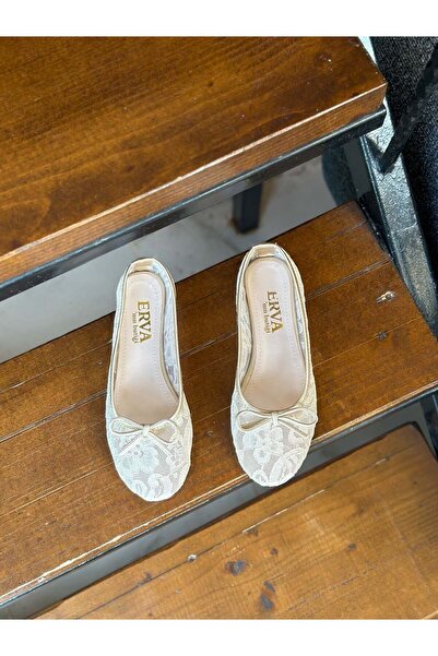 ERVANIN BUTİĞİ Beige Lace (India) Bow Detail Women's Ballerinas