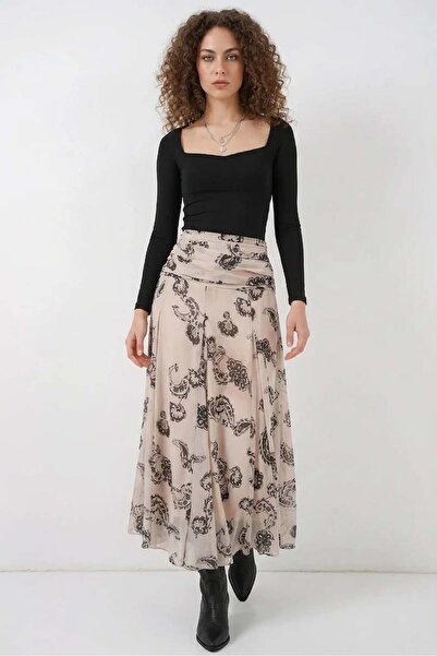 Generic Brand Women's Gathered Waist Patterned Chiffon Cream Skirt