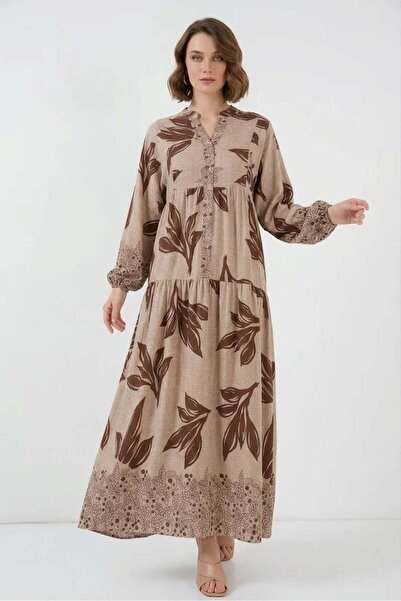 ALFA AKSESUAR 03 Women's Round Neck Gathered Waist Floral Patterned Viscose S...