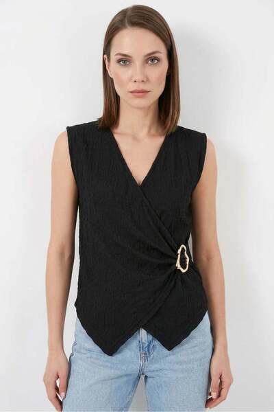 Generic Brand Women's V-Neck Belted Zero-Sleeve Black Blouse