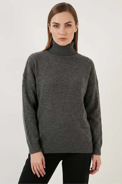 Generic Brand Women's Turtleneck Oversize Knitwear Anthracite Sweater