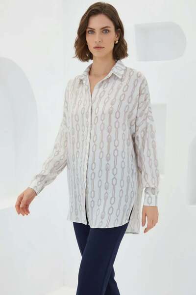 ALFA AKSESUAR 03 Women's Oversize Patterned Satin Beige White Shirt