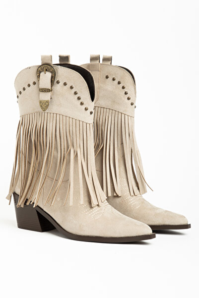 DENORA Beige Skin Cream Matte Suede Tasseled Buckle Western Cowboy Boots