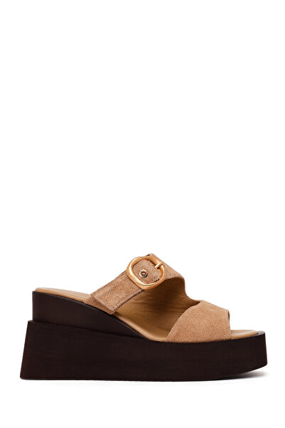 Derimod Women's Beige Buckle-Strapped Wedge-Heeled Suede Leather Slippers 26S...