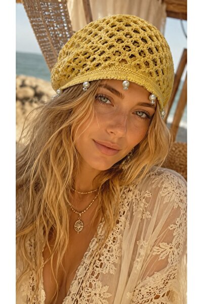 HAZAL KAYA ATELIER Yellow Hand Knitted Pearl Bead Detailed Mesh Hat Beanie